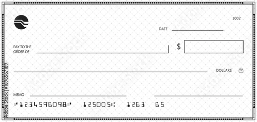 Bank check, vector blank money cheque, checkbook template with guilloche pattern and fields. Currency payment coupon, money check background