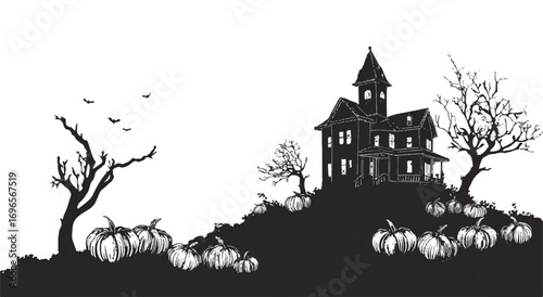 Spooky Haunted House Silhouette with Pumpkins and Bats Halloween Vector Illustration on White Background