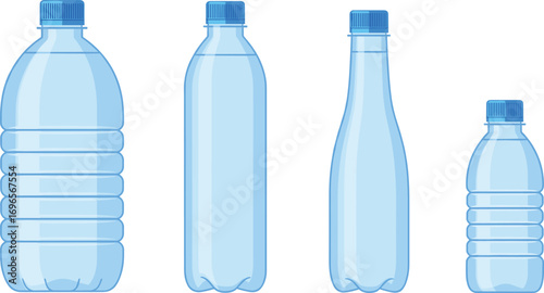 Set of plastic water bottles with blue caps in various shapes and sizes for packaging, hydration, and product design illustration