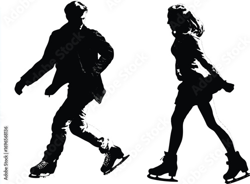 Stylish Couple Ice Skating Silhouette in Black and White Elegant Winter Sport Activity