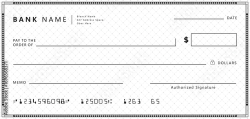 Blank bank cheque. Personal desk check template with empty field to fill.