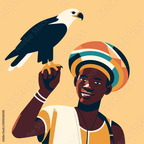 Illustration of a person carrying an eagle on his shoulder