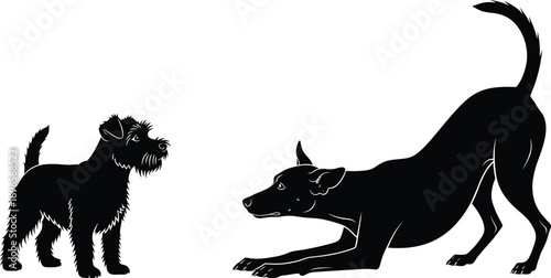 Silhouette of playful and curious dogs interacting, one in bowing pose and one alert, showing canine behavior and pet communication.