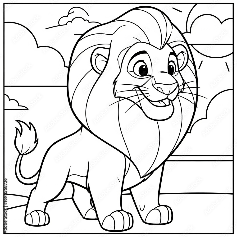 Obraz premium Friendly lion king coloring page for kids. A happy cartoon character in a fairytale land with a castle. Black and white line art for children's storybooks, printables, and creative activities.