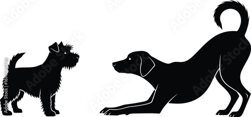 Silhouette of playful dogs interacting, one standing and one bowing, showing pet communication, friendship, behavior, and animal body language.