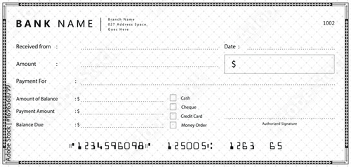 Blank bank cheque. Personal desk check template with empty field to fill.