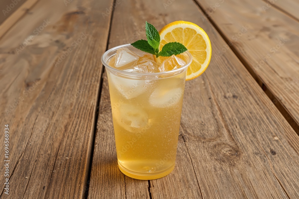 Fototapeta premium Clear plastic cup containing lemon iced tea garnished with an orange slice and fresh mint leaves on a wooden surface