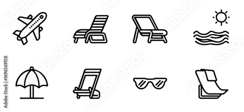 Summer Vacation Icons Set in Linear Style for Travel and Relaxation Themes