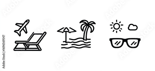 Summer vacation vector line art with plane beach umbrella and sunglasses ideal for travel ads