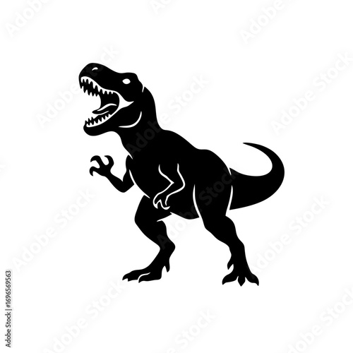 Silhouette T-Rex Roaring Logo With Strong Jaw and Claws, Simple Vector Style