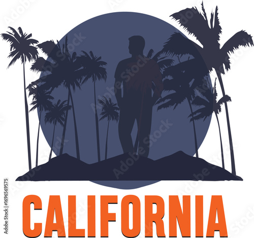 “Sunset California” A vibrant silhouette artwork capturing the essence of California evenings, with palm trees, golden sunsets, and coastal vibes.