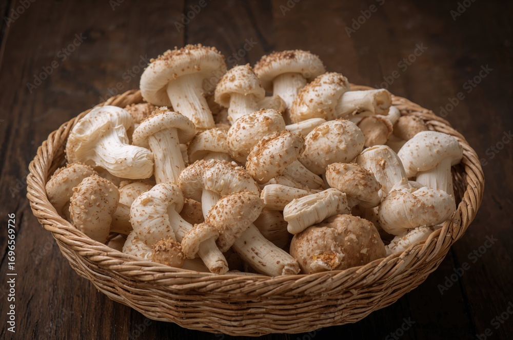 Fototapeta premium Basket filled with Eringi mushrooms on a white background, natural and vintage kitchen setting