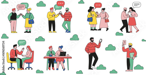 Vector Illustration of People Communicating in Various Everyday Situations Including Technology Use, Conversation, Inquiry, Collaboration, and Social Interaction
