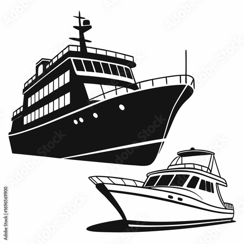 Ship and marine boat black silhouette set