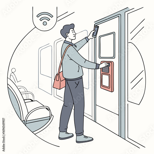 Man Makes A Contactless Payment Using Phone While Standing In Subway Train. He Taps His Phone On The Terminal Inside