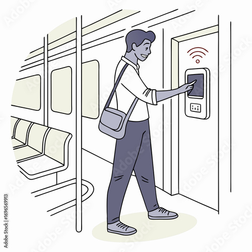 Man Makes A Contactless Payment Using Phone While Standing In Subway Train. He Taps His Phone On The Terminal Inside