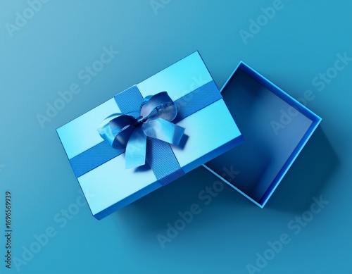 blank open blue gift box with blue bottom inside or top view of opened blue present box with blue ribbon and bow isolated on blue background with shadow minimal concept 3d rendering