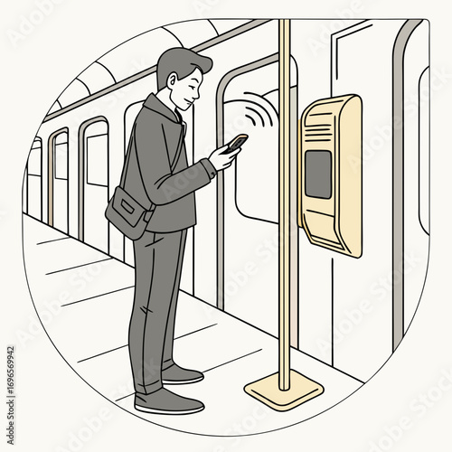 Man Makes A Contactless Payment Using Phone While Standing In Subway Train. He Taps His Phone On The Terminal Inside