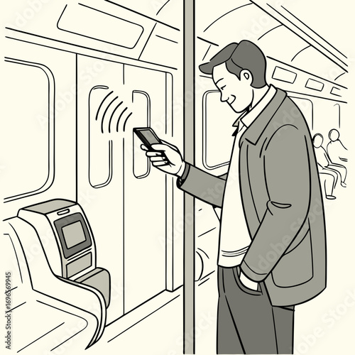 Man Makes A Contactless Payment Using Phone While Standing In Subway Train. He Taps His Phone On The Terminal Inside