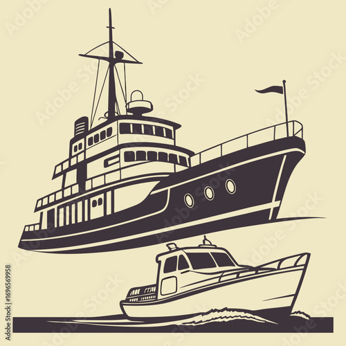 Ship and marine boat black silhouette set