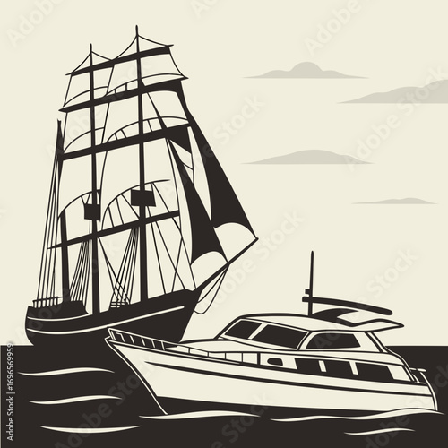 Ship and marine boat black silhouette set