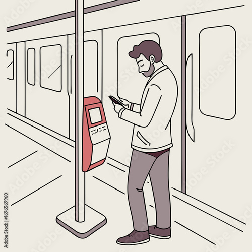 Man Makes A Contactless Payment Using Phone While Standing In Subway Train. He Taps His Phone On The Terminal Inside