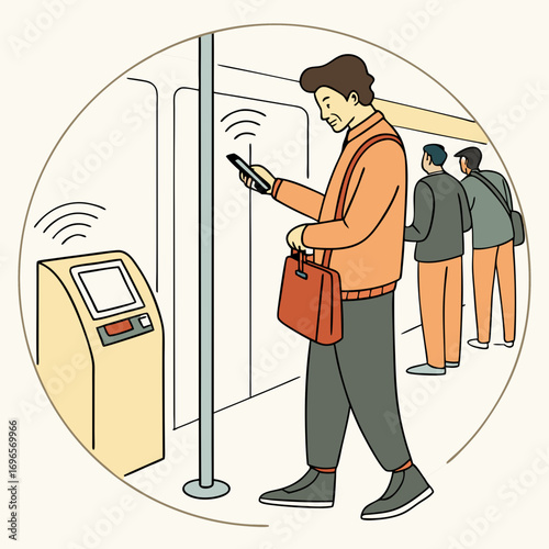 Man Makes A Contactless Payment Using Phone While Standing In Subway Train. He Taps His Phone On The Terminal Inside