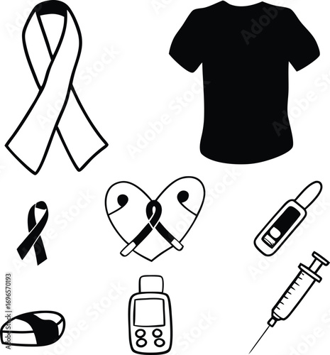 Diabetes awareness symbols medical health care icons support ribbon t-shirt syringe glucometer vector
