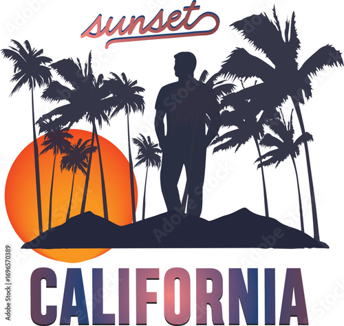 “Sunset California” A vibrant silhouette artwork capturing the essence of California evenings, with palm trees, golden sunsets, and coastal vibes.