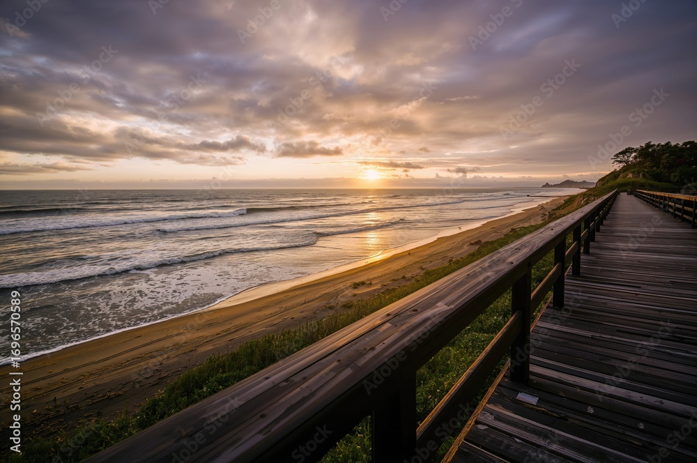Fototapeta premium Sunset seen from the dock with overcast skies and sea vistas