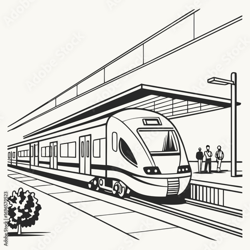 Metro train vector illustration sketch. Fast modern express passenger train on high speed railway station