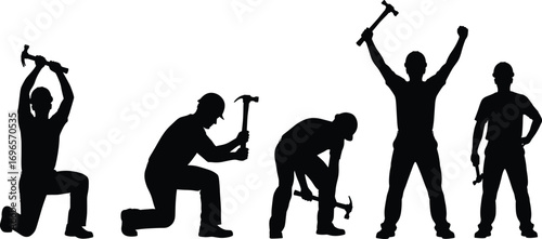 Silhouettes of construction workers holding and using hammers, showing various work poses, safety, teamwork, labor, and industrial effort.