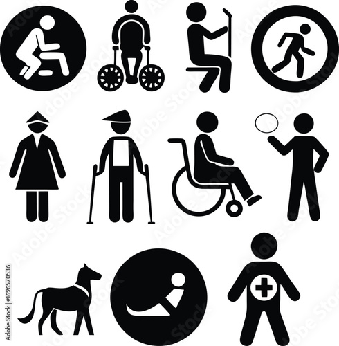 Disability awareness icons people with assistive devices and support services vector