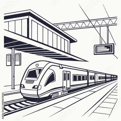 Metro train vector illustration sketch. Fast modern express passenger train on high speed railway station