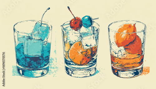 Three colorful cocktails with ice and fruit in glasses creating vibrant sketches