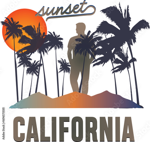 “Sunset California” A vibrant silhouette artwork capturing the essence of California evenings, with palm trees, golden sunsets, and coastal vibes.