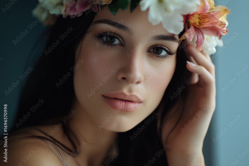 Naklejka premium Young caucasian female with floral crown and natural makeup close-up portrait