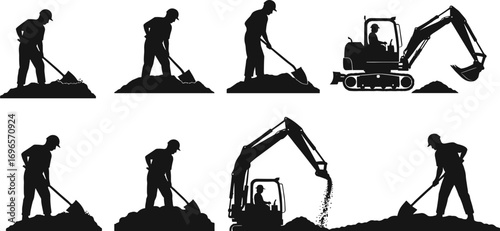Silhouettes of construction workers and excavator operating on site, digging and shoveling soil for building, excavation, and industrial projects.