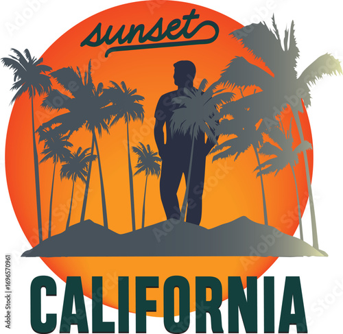 “Sunset California” A vibrant silhouette artwork capturing the essence of California evenings, with palm trees, golden sunsets, and coastal vibes.