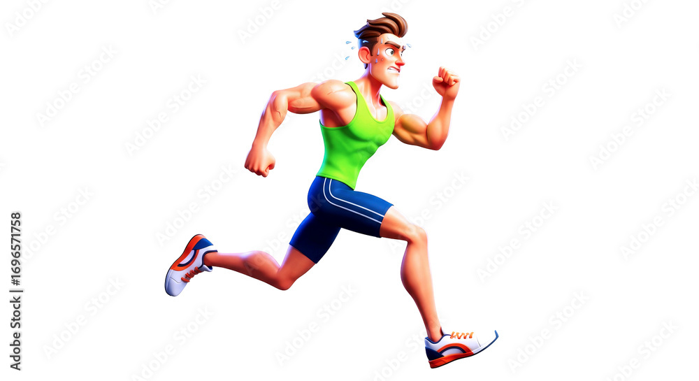 Fototapeta premium 3d cartoon athlete dynamic running pose, powerful sprint, peak fitness, isolated on transparent background