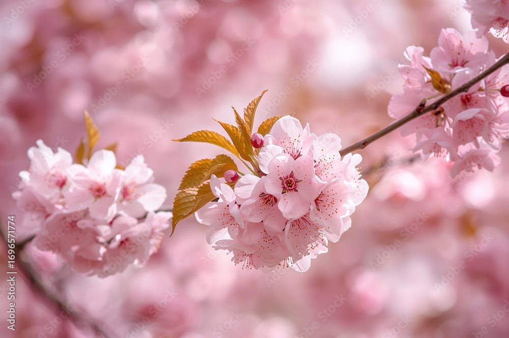 Fototapeta premium Stunning spring scene featuring vibrant pink flowers in bloom. The season of pink blossoms. Wide banner showcasing pink flowers on branches. Close-up of delicate pink flowering branches.