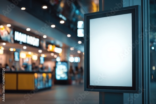 Movie Poster Mockup. Blank Signboard Backlight with Blurred Ticket Sales Counter in Movie Theater