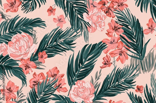 Seamless pattern of tropical palm leaves in soft pink hues, perfect for textiles, wallpaper, and swimwear designs.