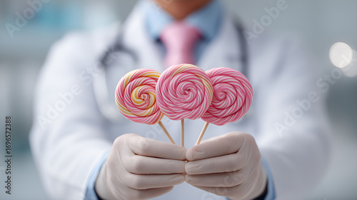 Male Doctor Holding Three Pink Swirl Lollipops With Gloves in Clinical Setting, Symbolizing Child-Friendly Healthcare and Sugar-Free Treat Promotion