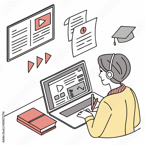 Watching video player webinar on workplace working laptop vector, concept of distance learning, video tutorial business online training, education on computer e-learning study, flat desktop table
