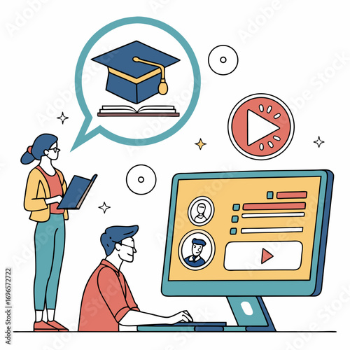 Online learning. Concept of webinar, business online training, education on computer or e-learning concept, video tutorial vector illustration