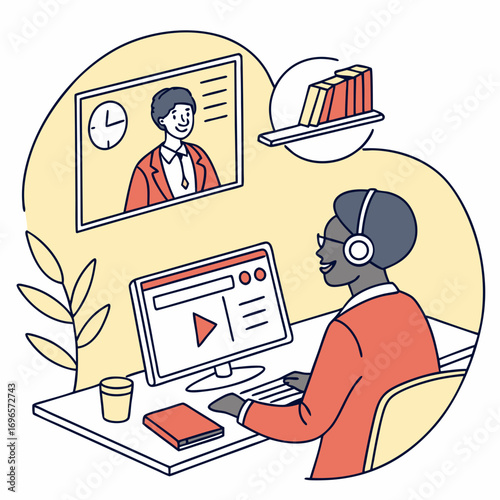 Watching video player webinar on workplace working laptop vector, concept of distance learning, video tutorial business online training, education on computer e-learning study, flat desktop table