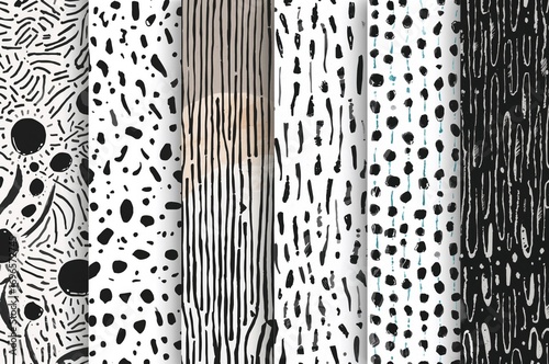 Collection of continuous patterns featuring various abstract motifs. Hand-sketched backdrops created with ink and markers. Minimalist illustrations showcasing dots, lines, stripes, and brushstrokes
