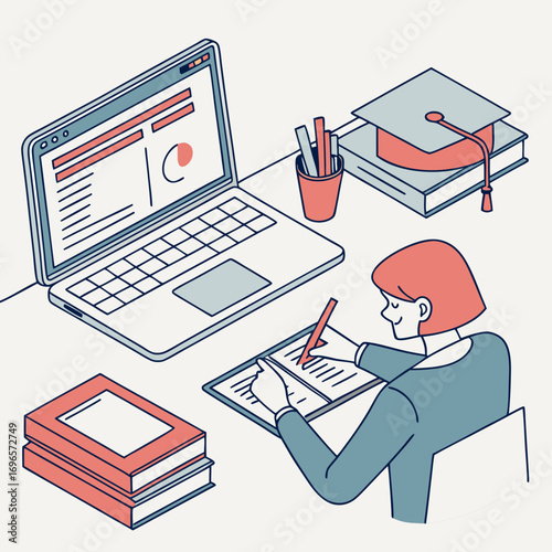 Watching video player webinar on workplace working laptop vector, concept of distance learning, video tutorial business online training, education on computer e-learning study, flat desktop table