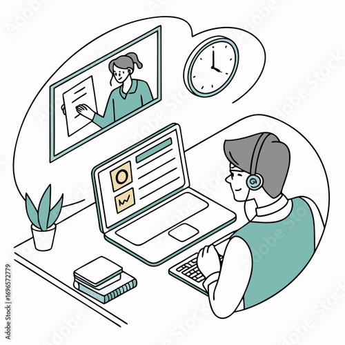 Watching video player webinar on workplace working laptop vector, concept of distance learning, video tutorial business online training, education on computer e-learning study, flat desktop table